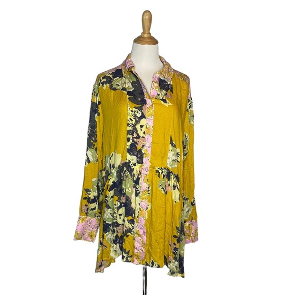 NWOT Free People Yellow Floral Brunch A ButtonUp Mini Dress/Blouse S - Picture 15 of 16